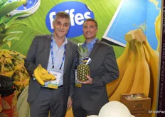 Juan Alarcon and Jack Howell with the Tropical Division of Fyffes North America show bananas and pineapples.